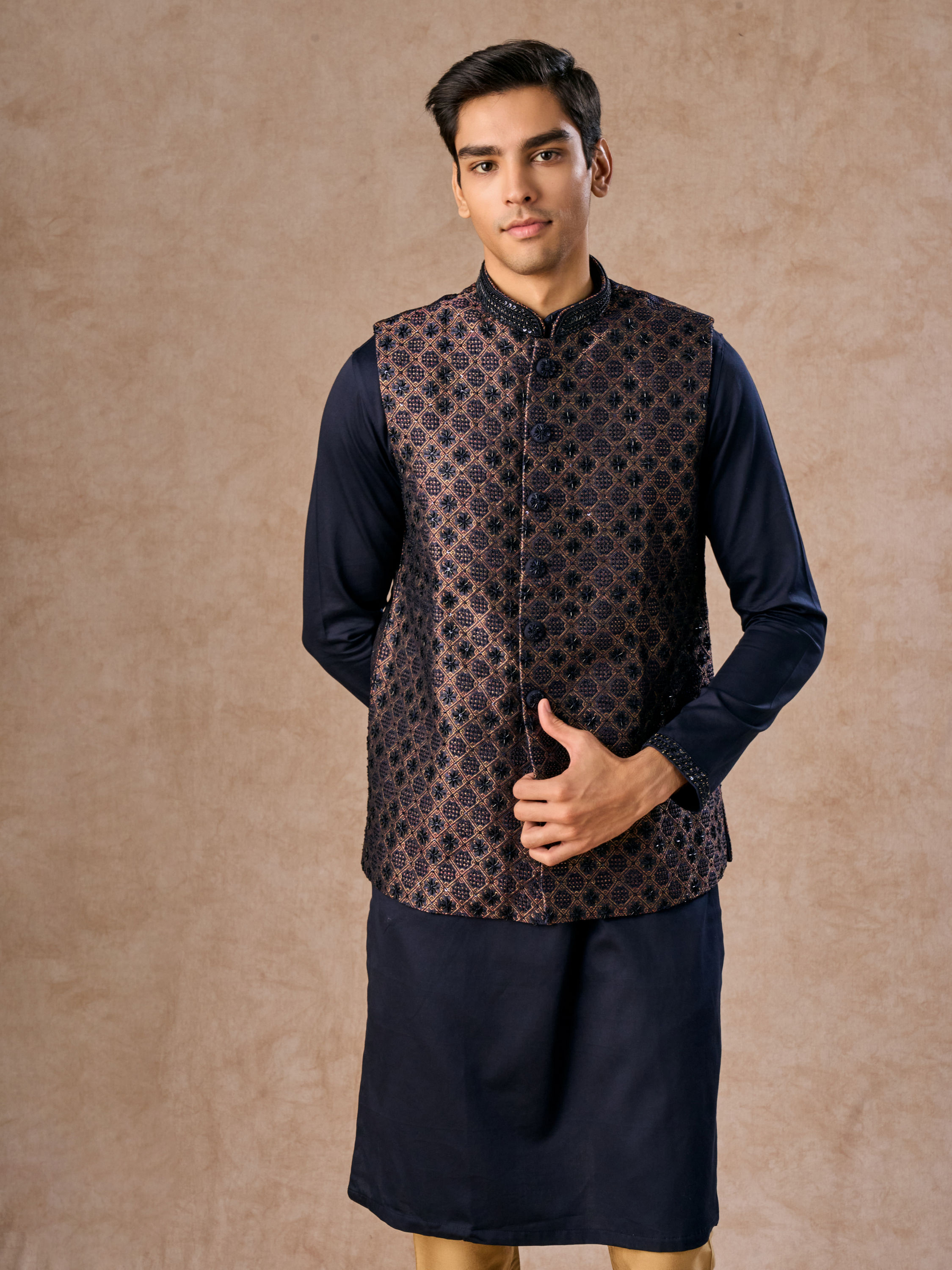 Manyavar Men Dark Blue Radiance Kurta Jacket Set