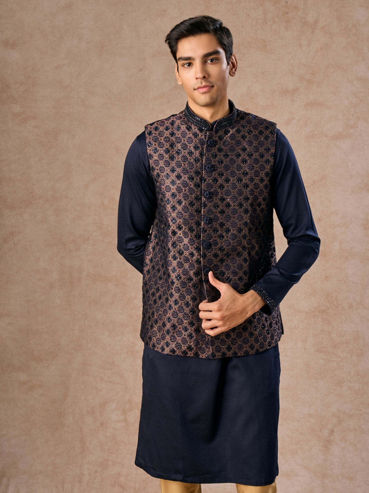Manyavar Men Dark Blue Radiance Kurta Jacket Set
