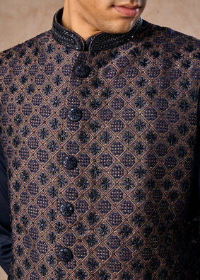 Manyavar Men Dark Blue Radiance Kurta Jacket Set