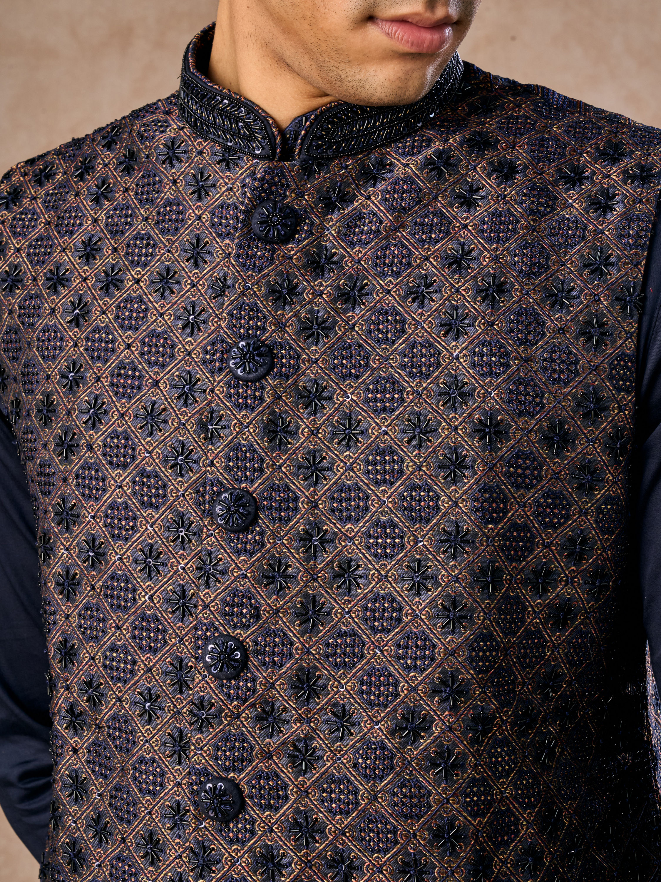 Manyavar Men Dark Blue Radiance Kurta Jacket Set