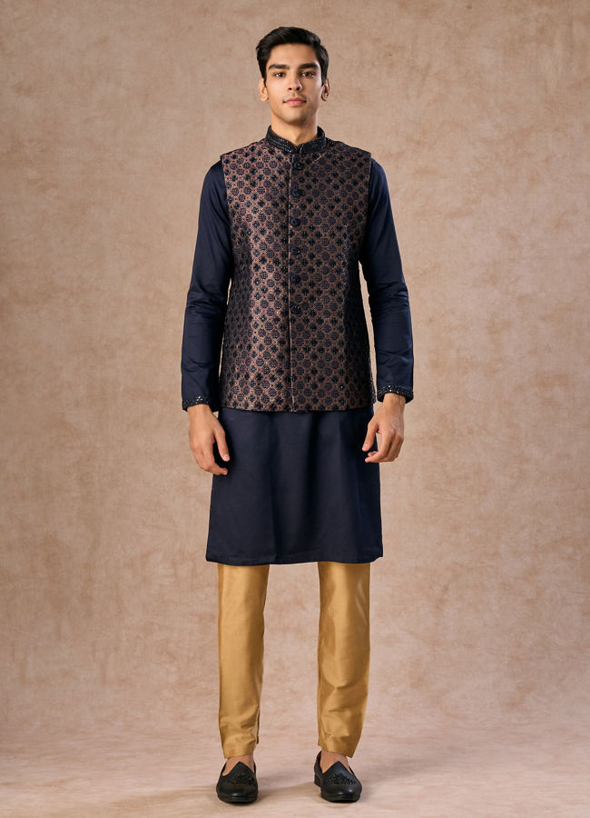 Manyavar Men Dark Blue Radiance Kurta Jacket Set