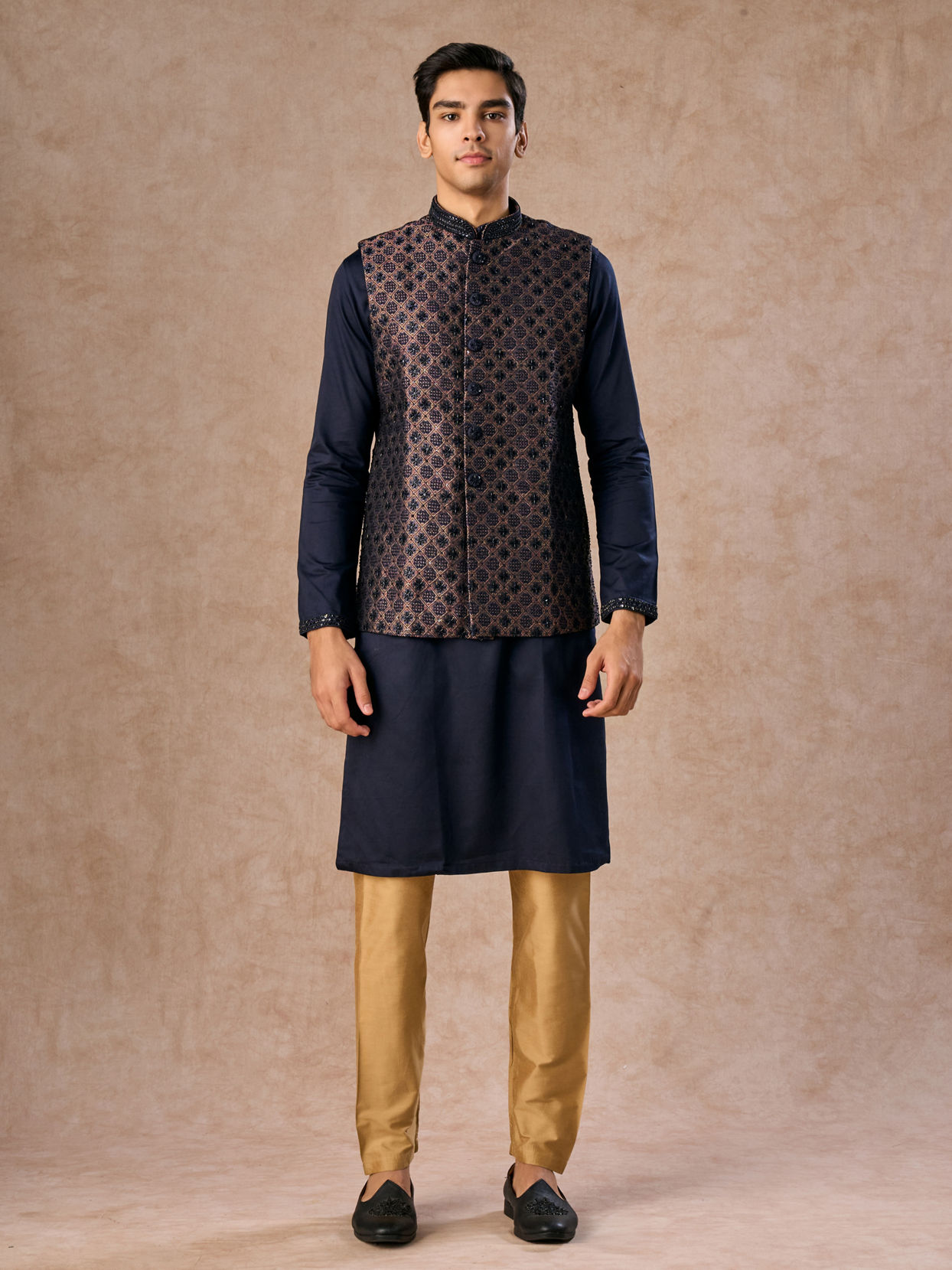 Manyavar Men Dark Blue Radiance Kurta Jacket Set