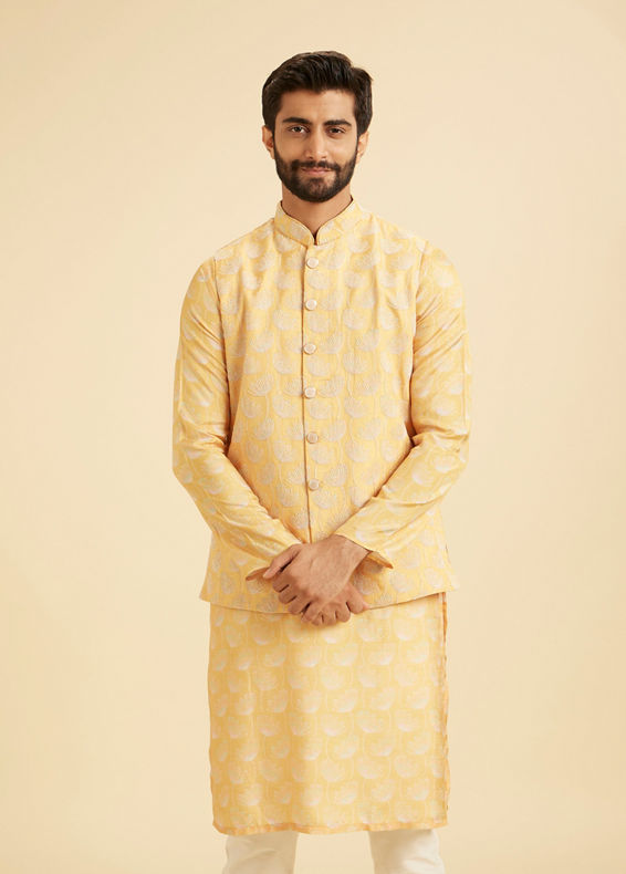Manyavar Men Gleaming Mustard Kurta Jacket Set