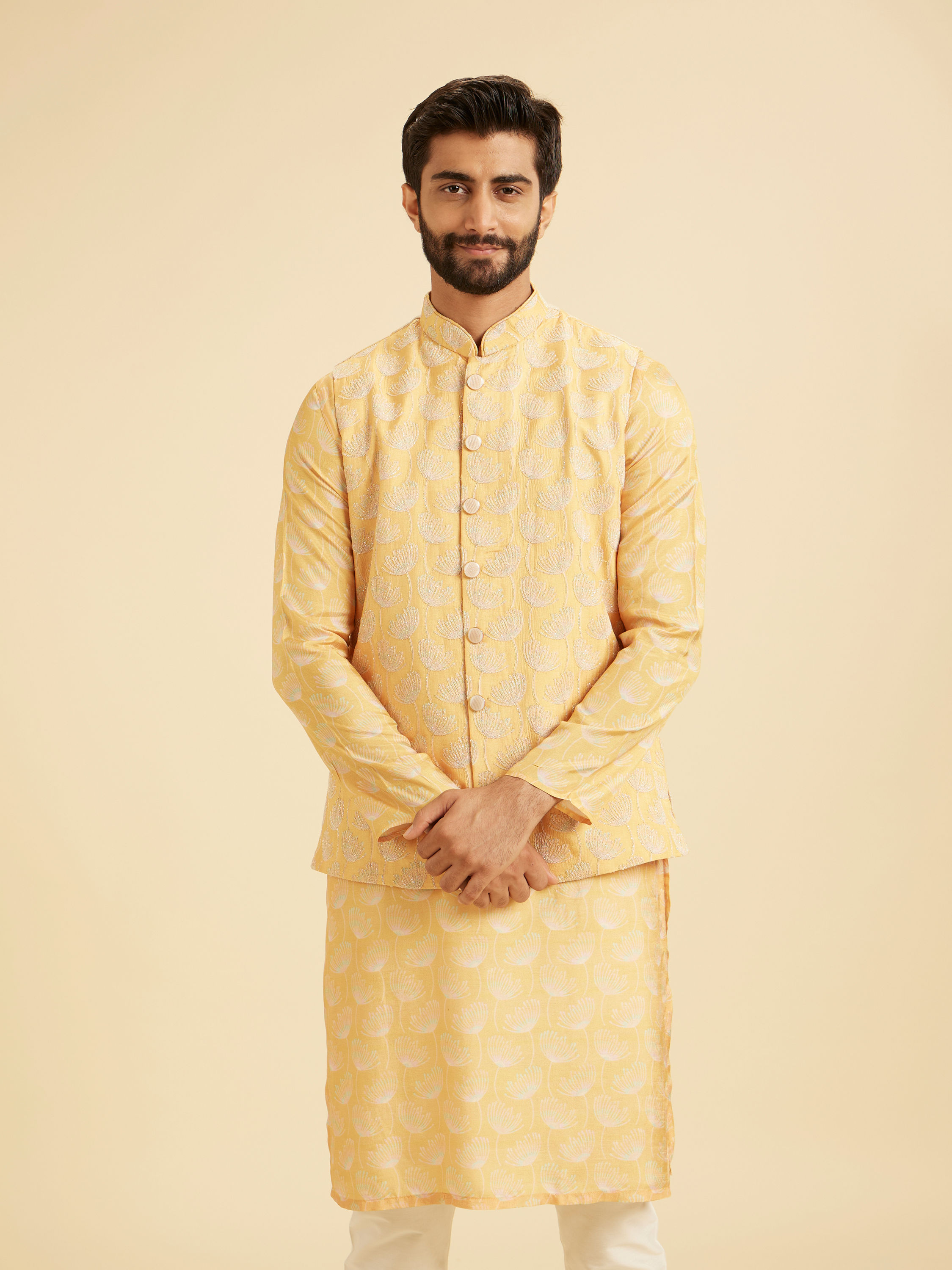 Manyavar Men Gleaming Mustard Kurta Jacket Set