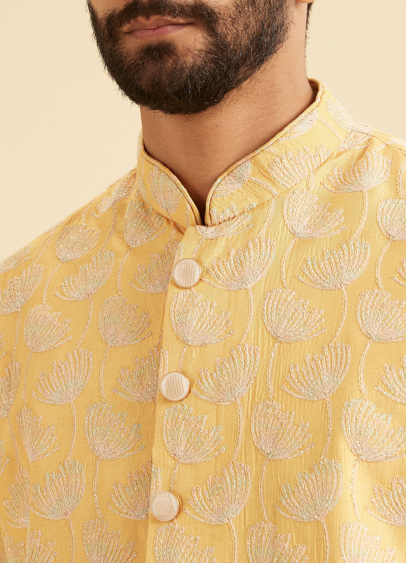 Manyavar Men Gleaming Mustard Kurta Jacket Set
