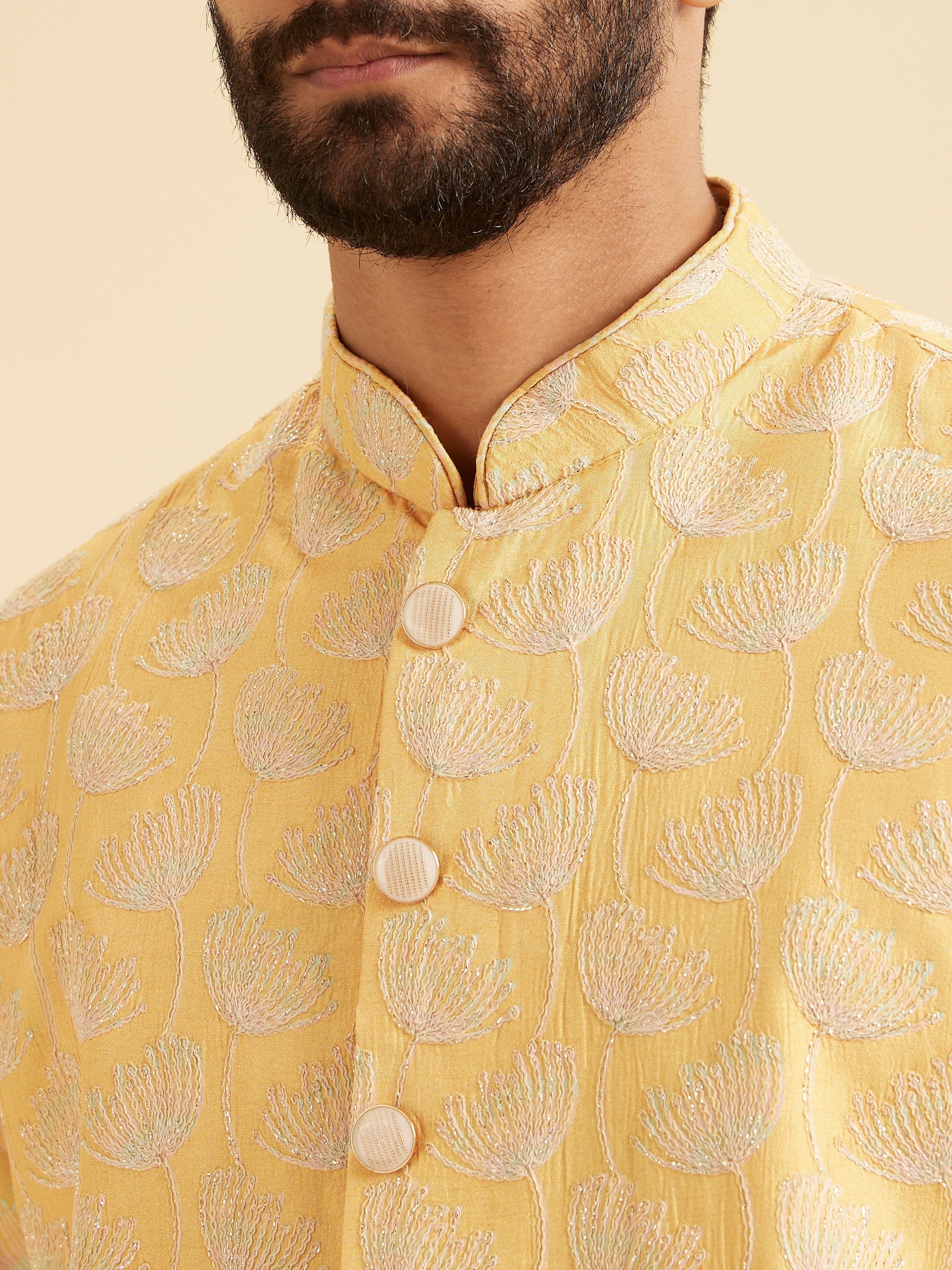 Manyavar Men Gleaming Mustard Kurta Jacket Set