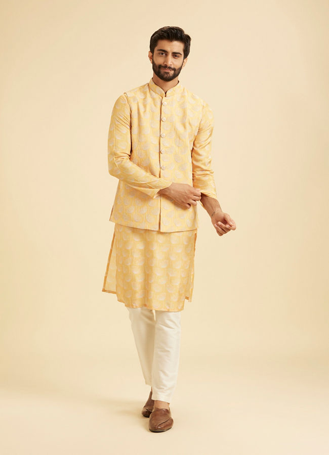Manyavar Men Gleaming Mustard Kurta Jacket Set