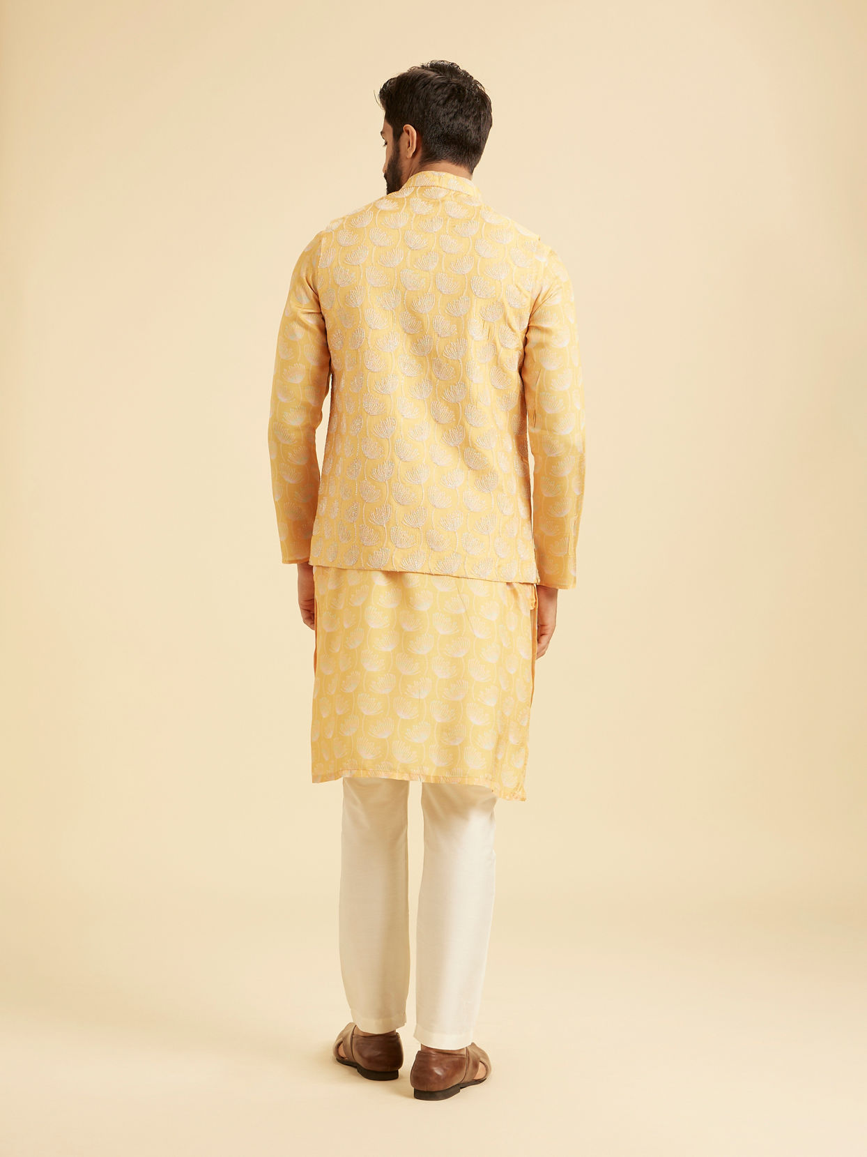 Manyavar Men Gleaming Mustard Kurta Jacket Set