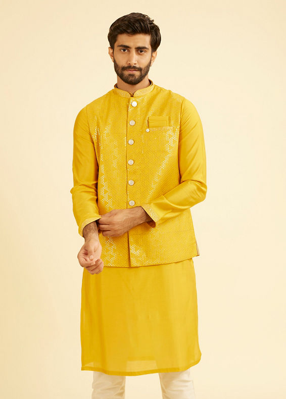 Manyavar Men Mustard Yellow Regal Kurta Jacket Set