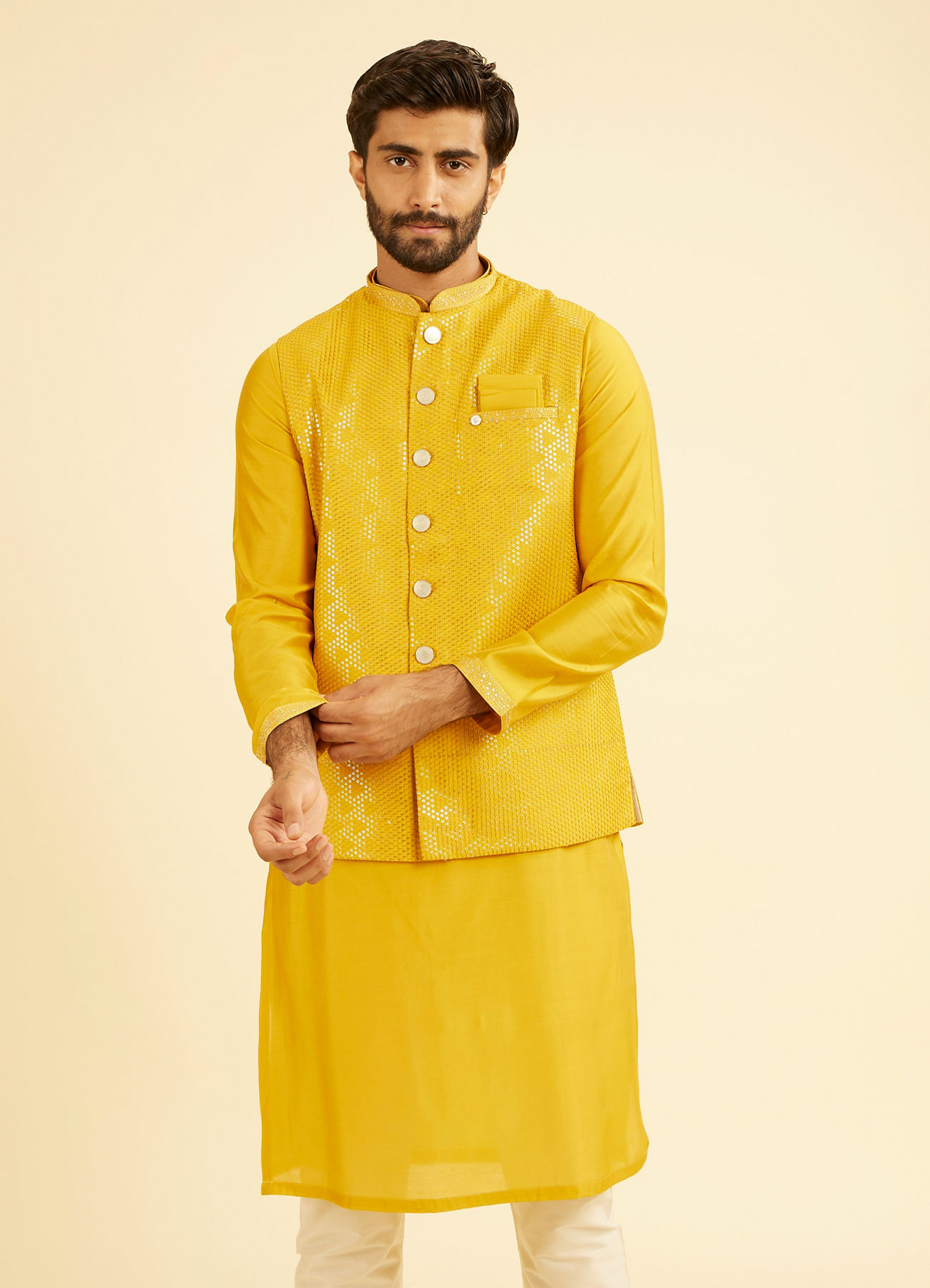 Manyavar Men Mustard Yellow Regal Kurta Jacket Set