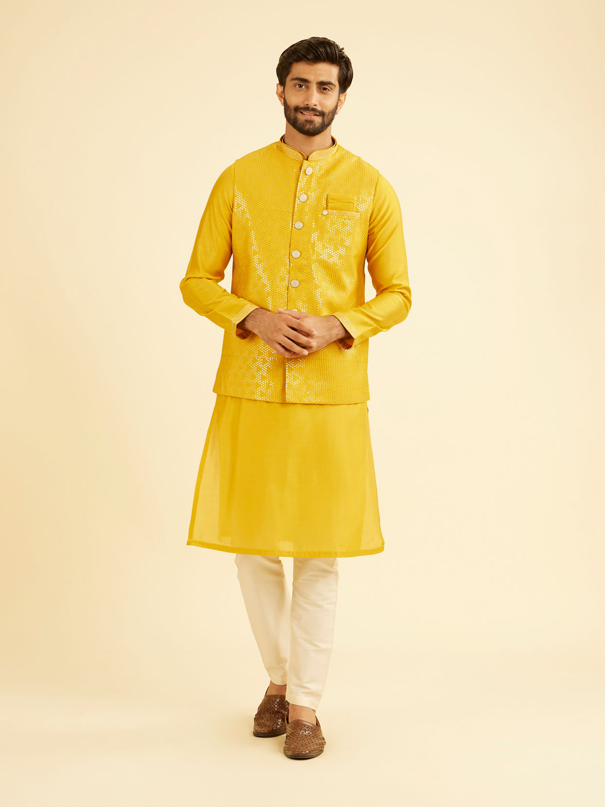 Manyavar Men Mustard Yellow Regal Kurta Jacket Set