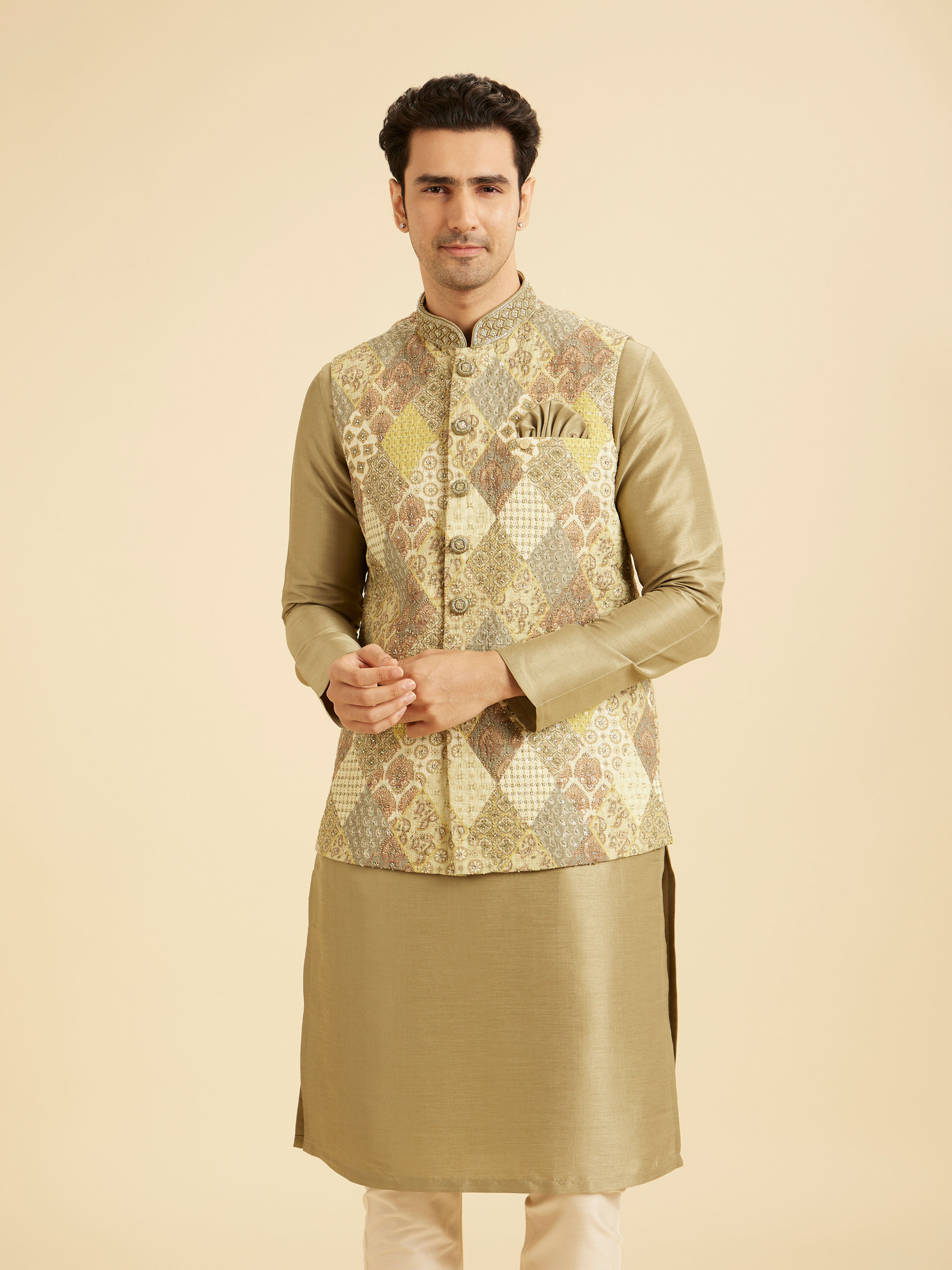 Manyavar Men Emerald Sparkle Kurta Jacket Set