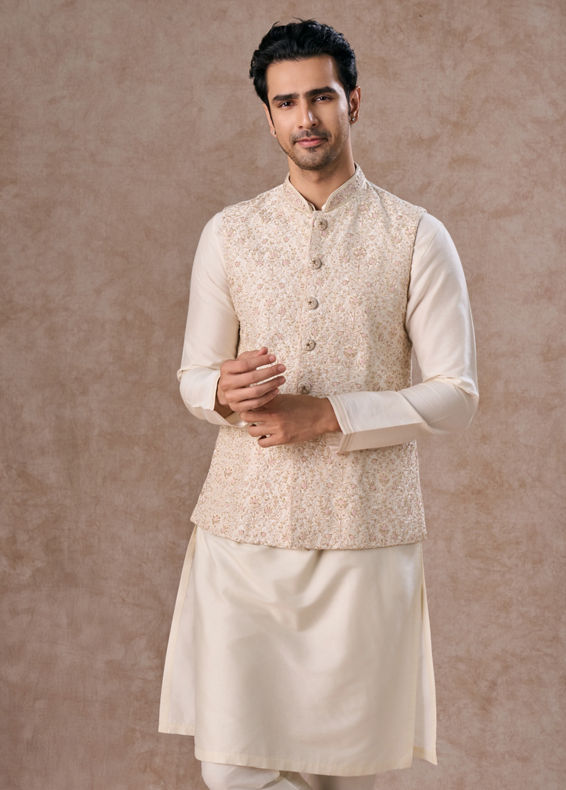 Manyavar Men Whimsical Cream Kurta Jacket Set