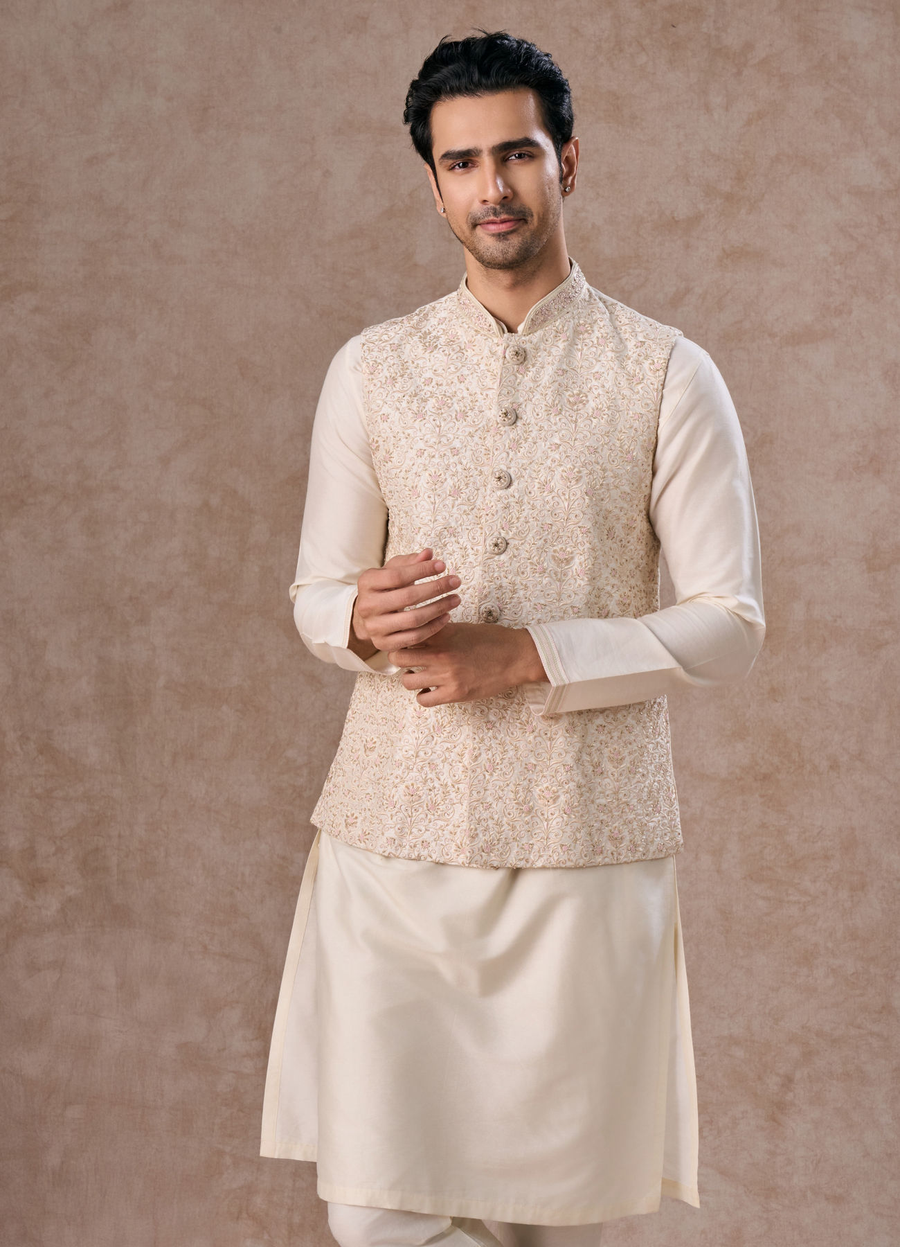 Manyavar Men Whimsical Cream Kurta Jacket Set