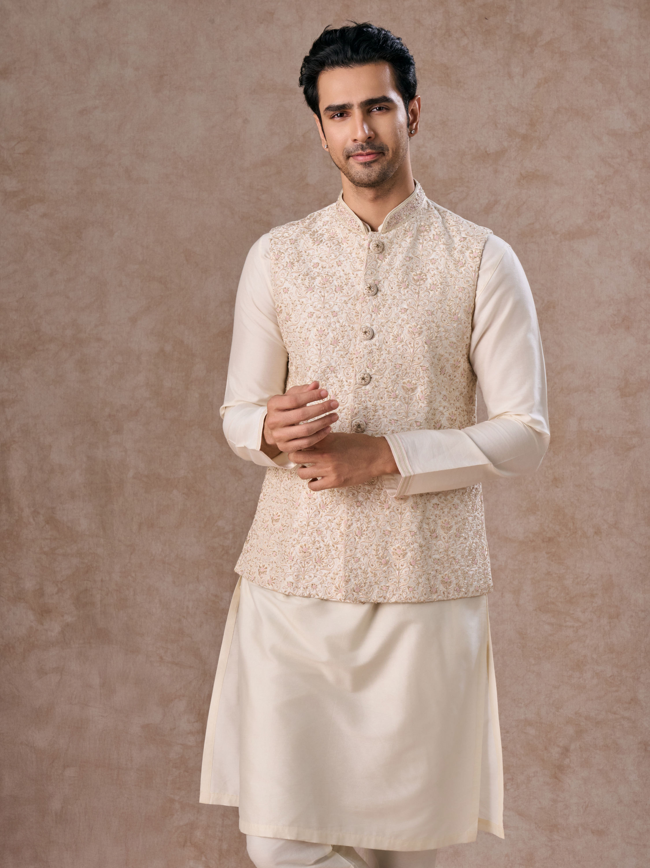 Manyavar Men Whimsical Cream Kurta Jacket Set