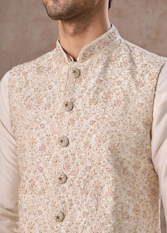 Manyavar Men Whimsical Cream Kurta Jacket Set