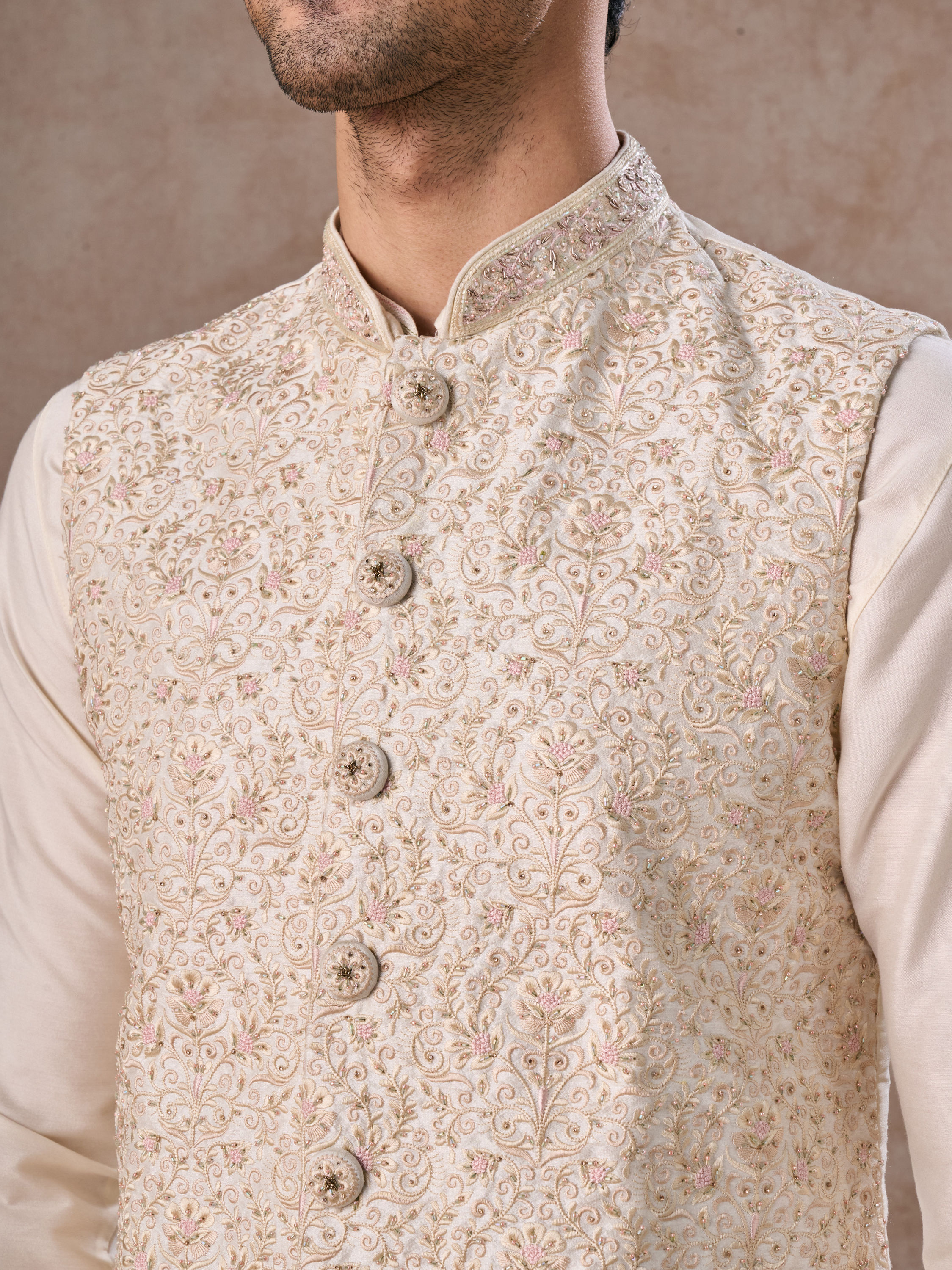 Manyavar Men Whimsical Cream Kurta Jacket Set
