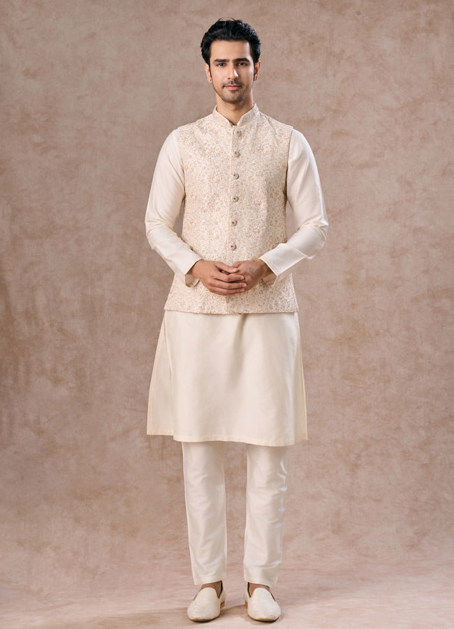 Manyavar Men Whimsical Cream Kurta Jacket Set