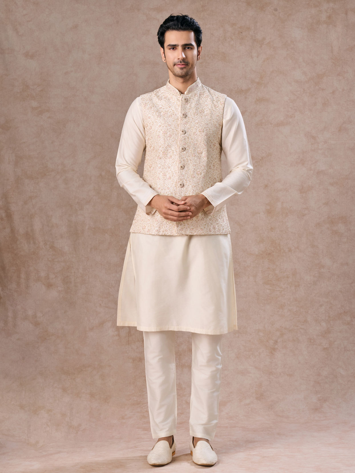 Manyavar Men Whimsical Cream Kurta Jacket Set