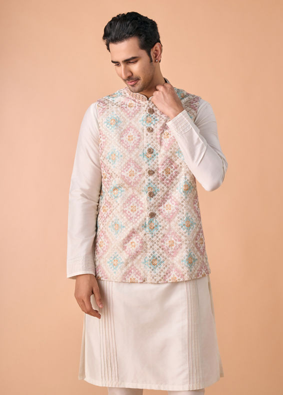 Manyavar Men Elegant Cream Kurta Jacket Set
