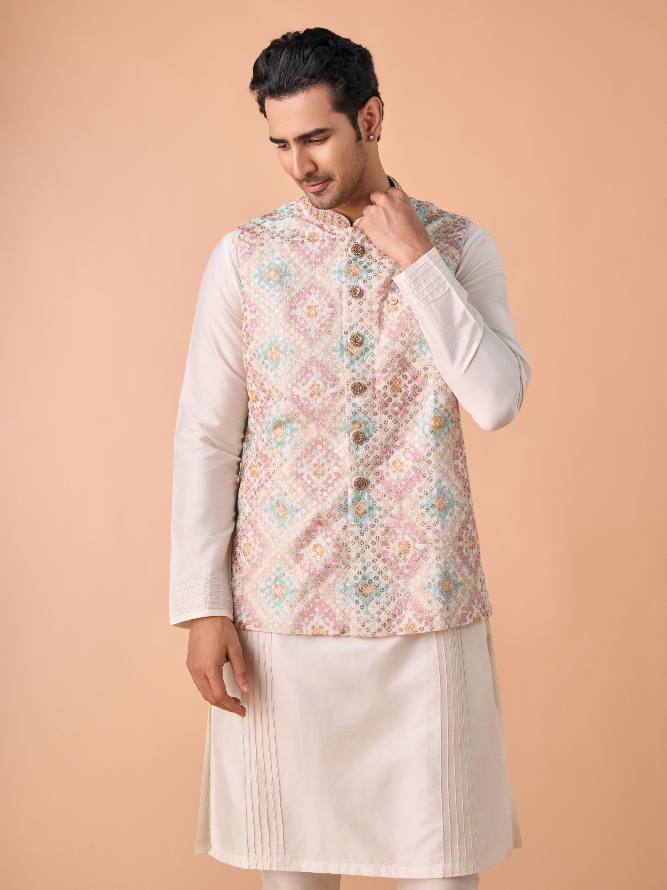Manyavar Men Elegant Cream Kurta Jacket Set