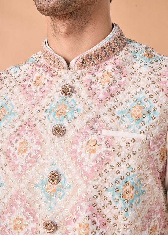 Manyavar Men Elegant Cream Kurta Jacket Set