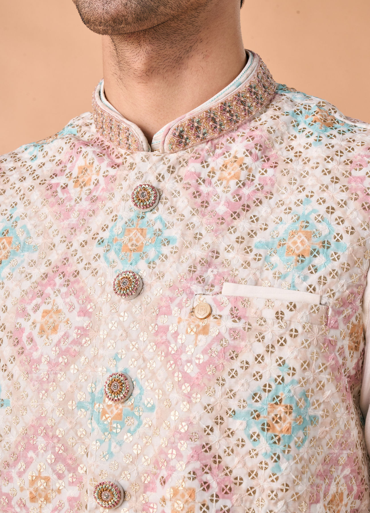 Manyavar Men Elegant Cream Kurta Jacket Set