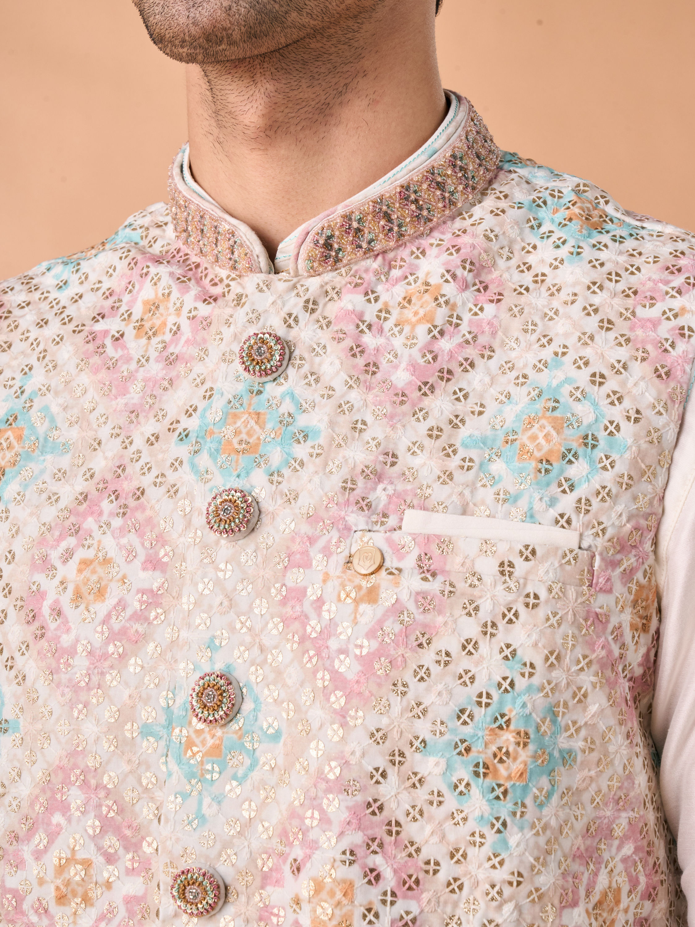 Manyavar Men Elegant Cream Kurta Jacket Set