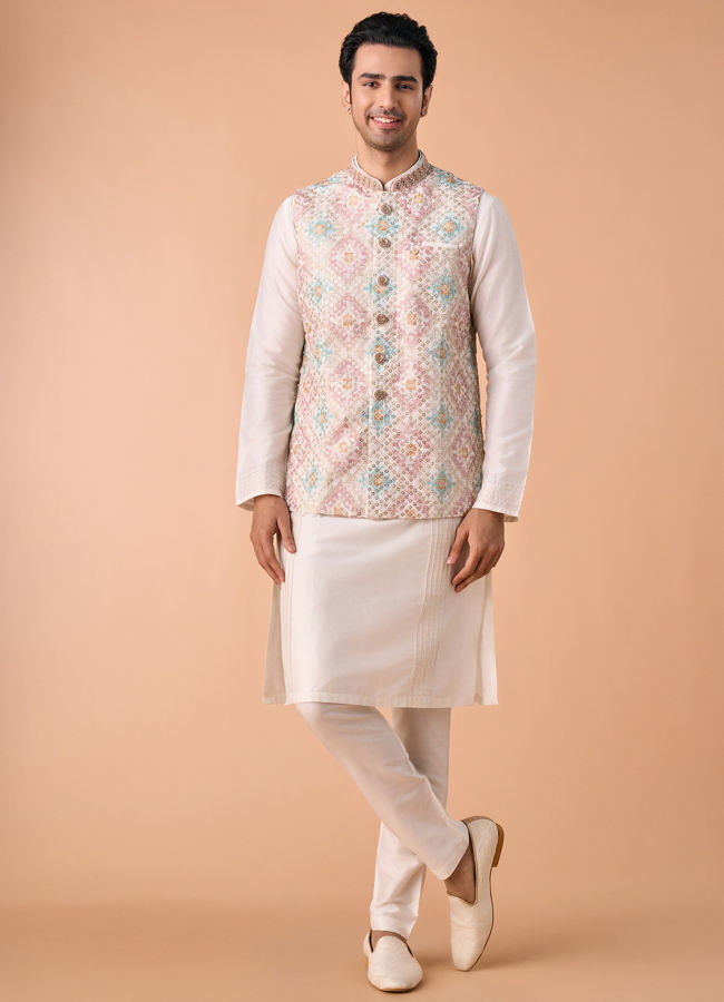 Manyavar Men Elegant Cream Kurta Jacket Set