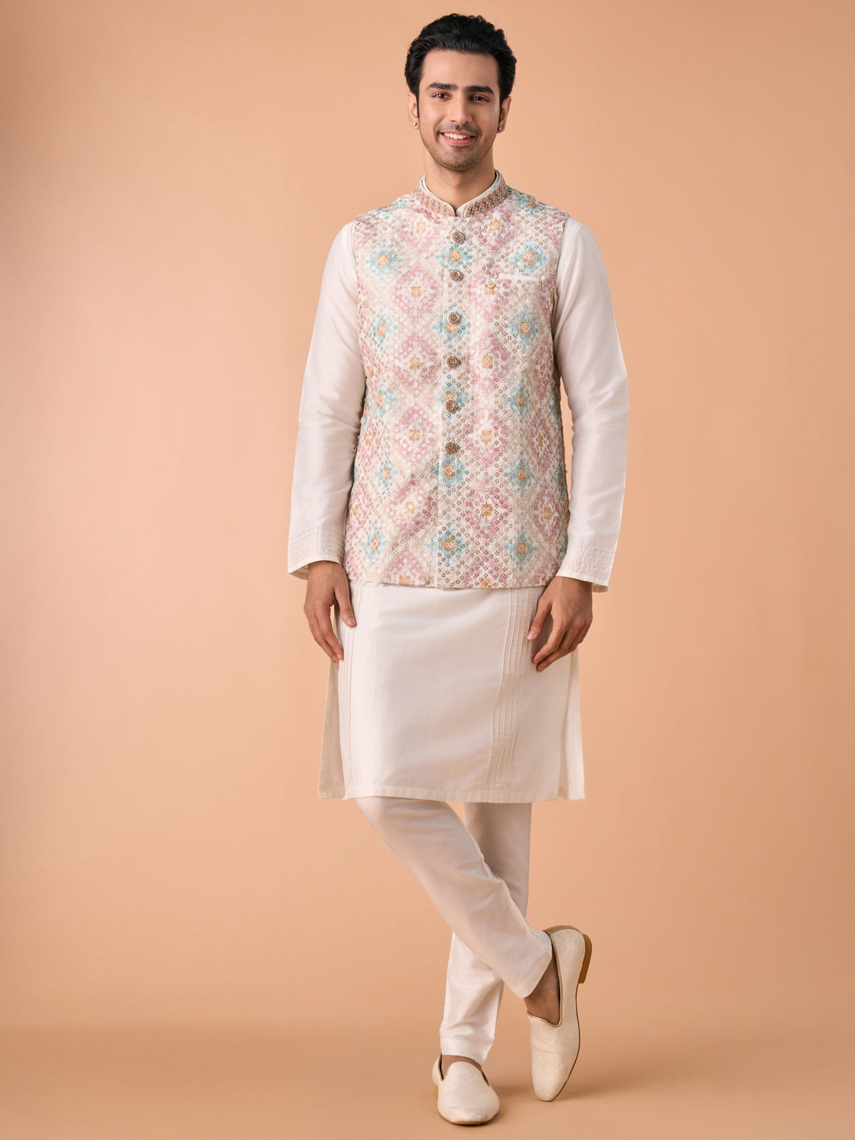 Manyavar Men Elegant Cream Kurta Jacket Set