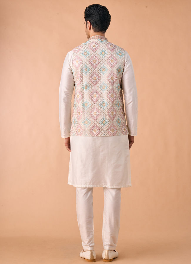 Manyavar Men Elegant Cream Kurta Jacket Set