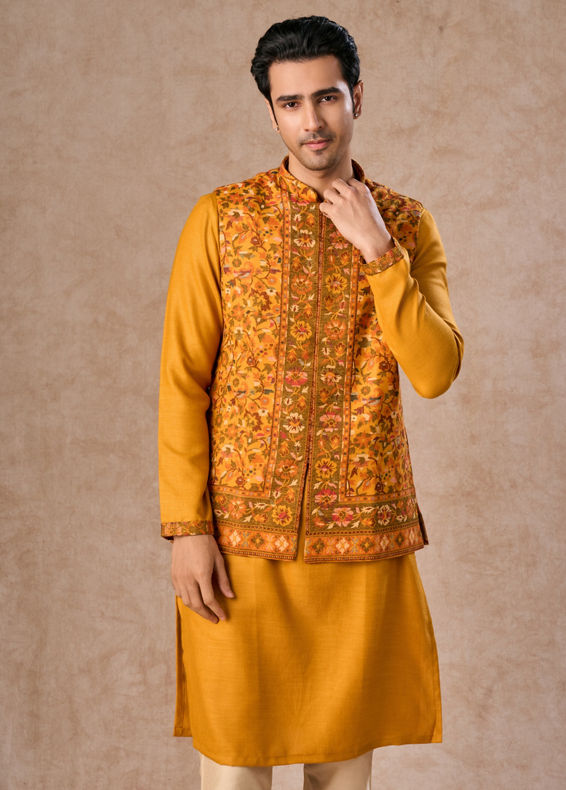 Manyavar Men Mustard Yellow Splendor Kurta Jacket Set