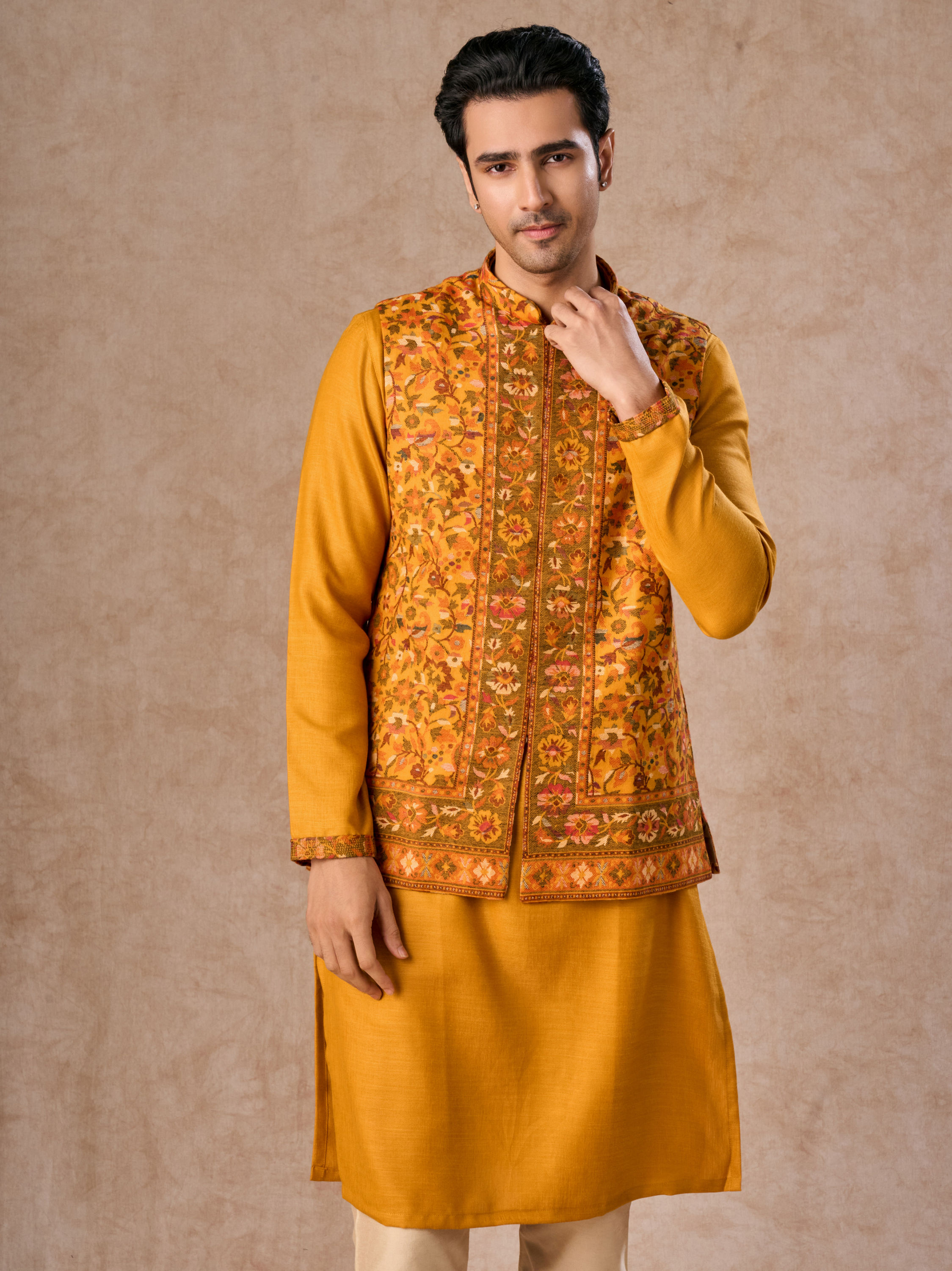 Manyavar Men Mustard Yellow Splendor Kurta Jacket Set