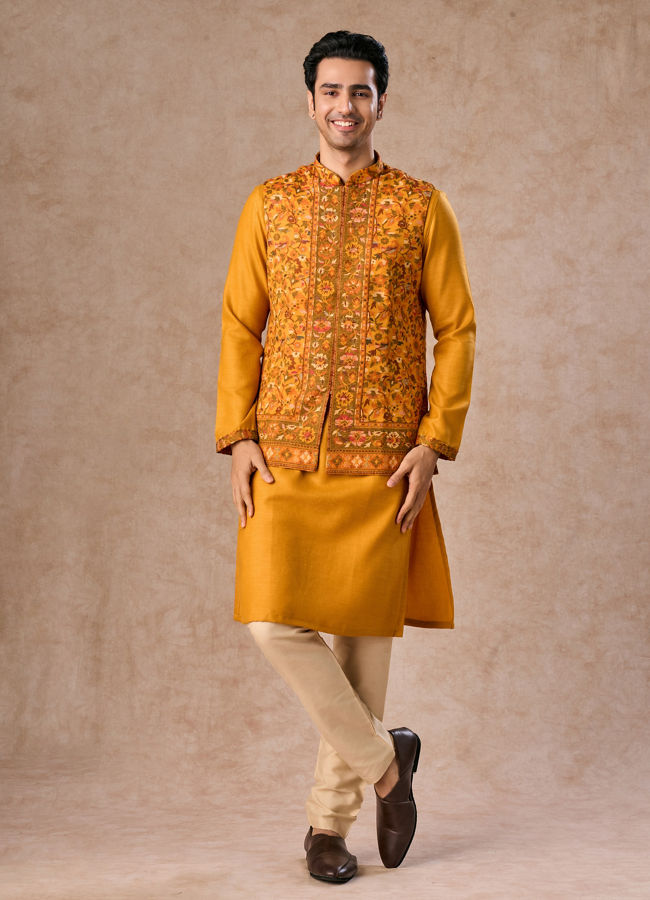 Manyavar Men Mustard Yellow Splendor Kurta Jacket Set
