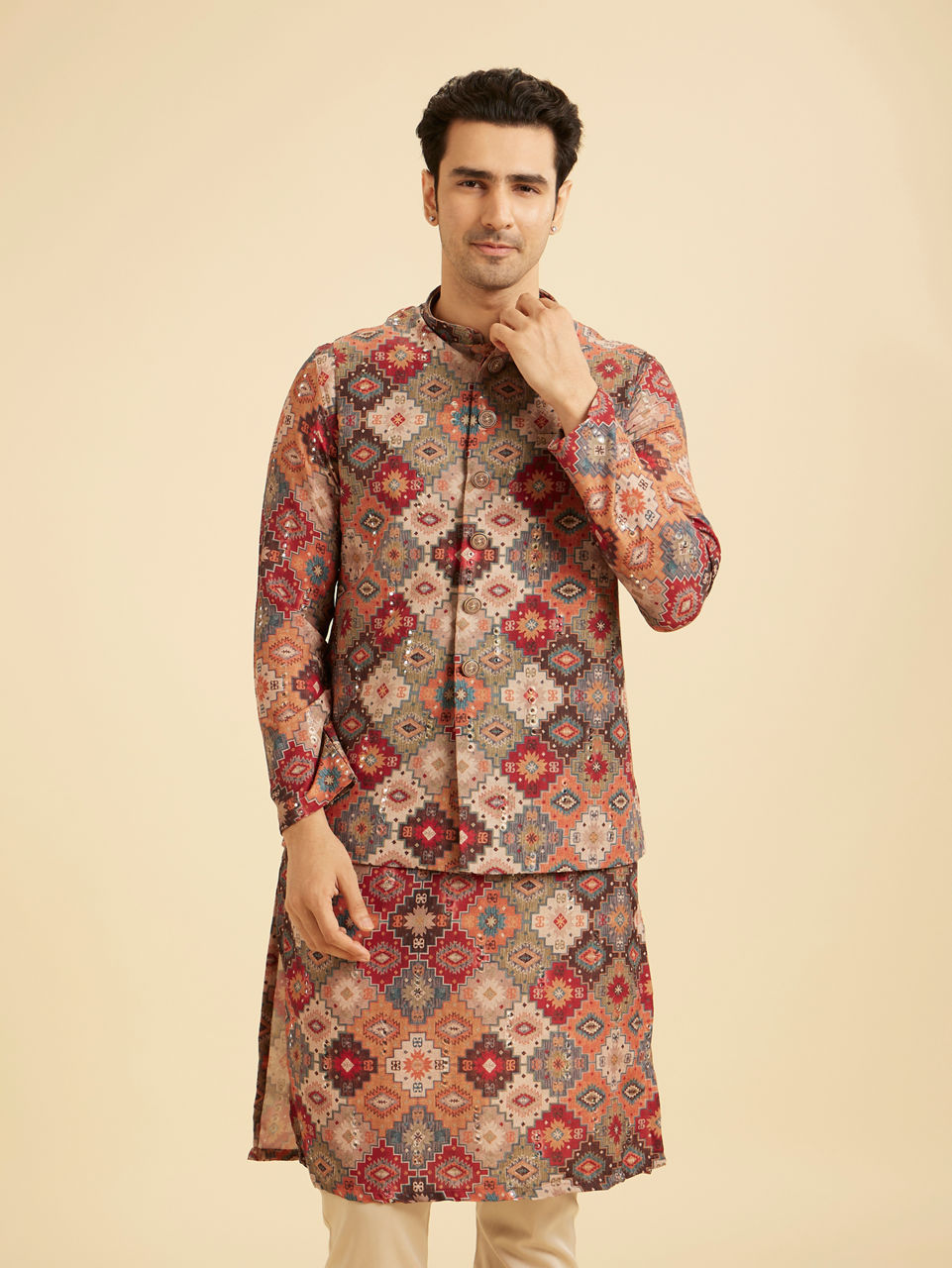 Manyavar Men Festive Fiesta Orange Kurta Jacket Set