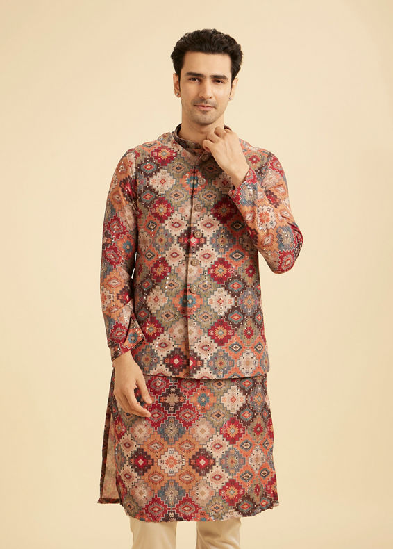 Manyavar Men Festive Fiesta Orange Kurta Jacket Set