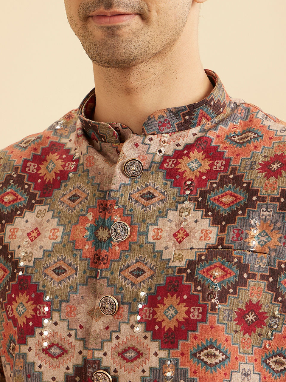 Manyavar Men Festive Fiesta Orange Kurta Jacket Set