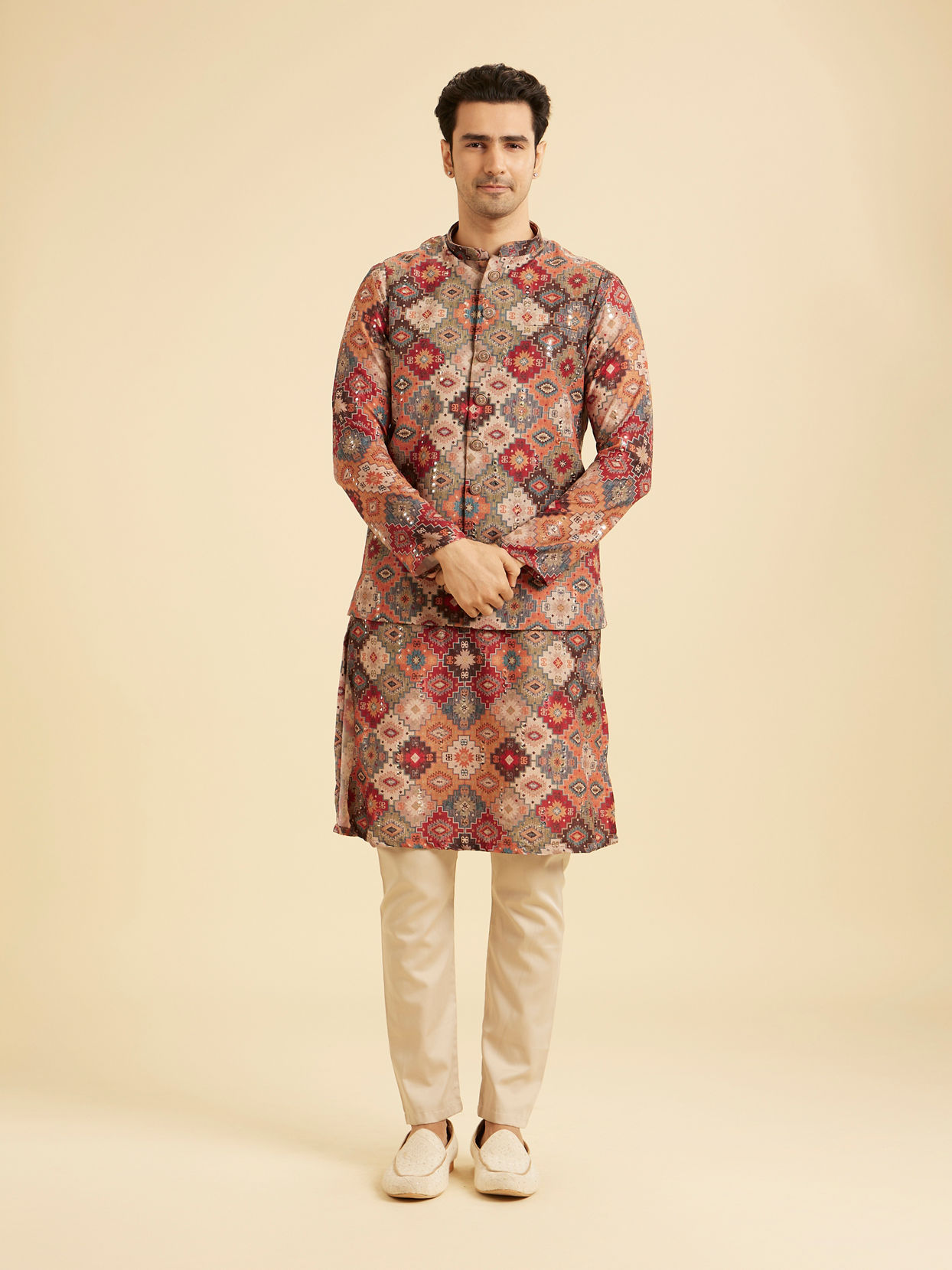 Manyavar Men Festive Fiesta Orange Kurta Jacket Set