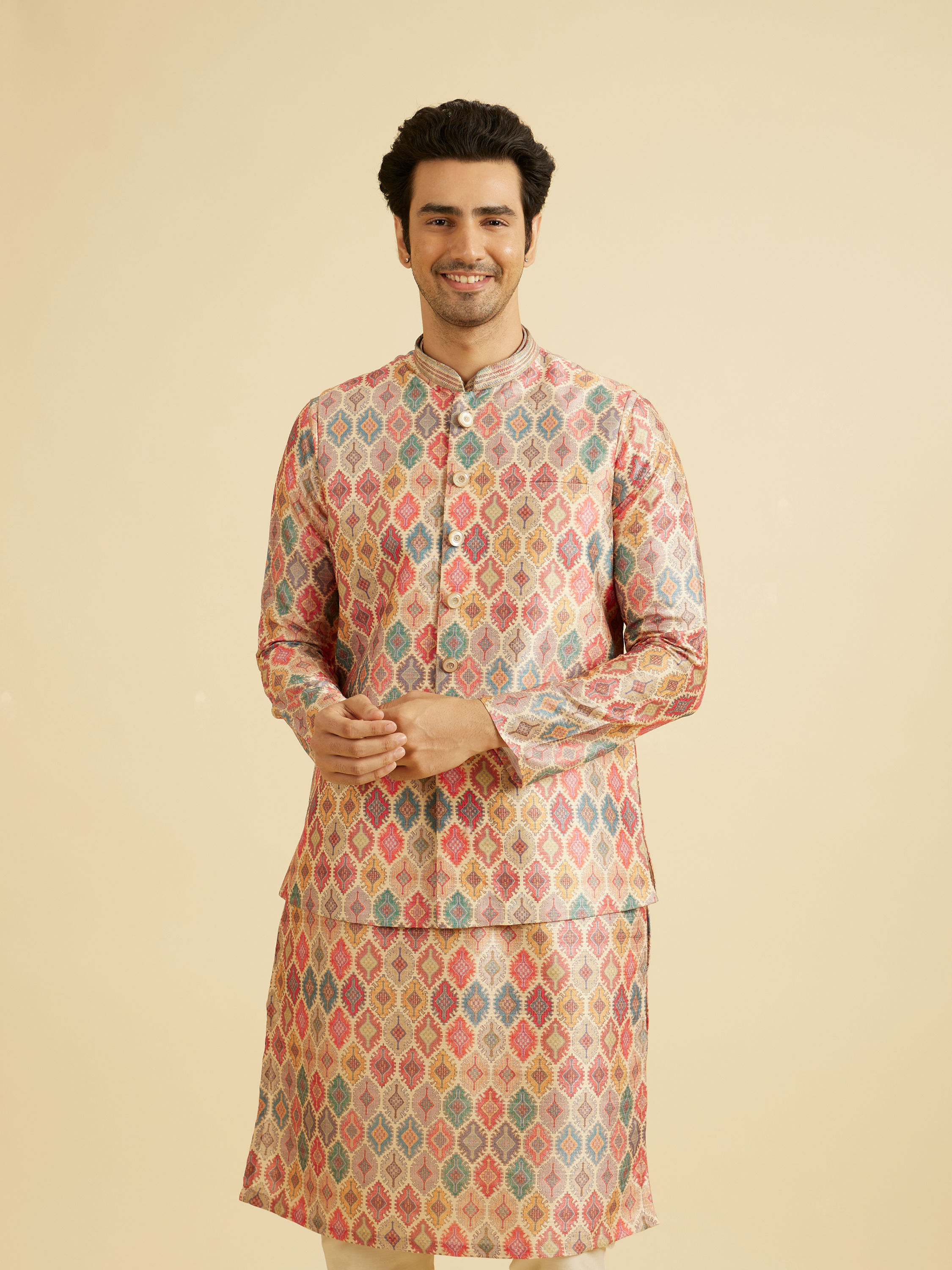Manyavar Men Elegant Beige Kurta Jacket Set
