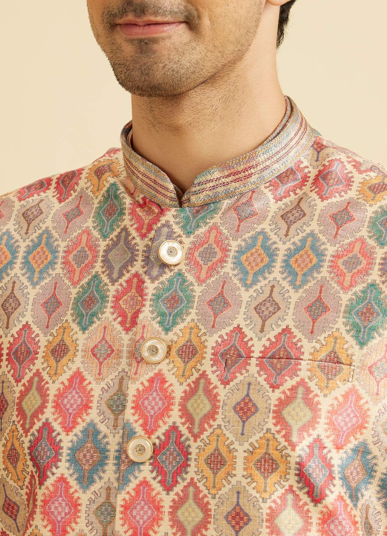 Manyavar Men Elegant Beige Kurta Jacket Set