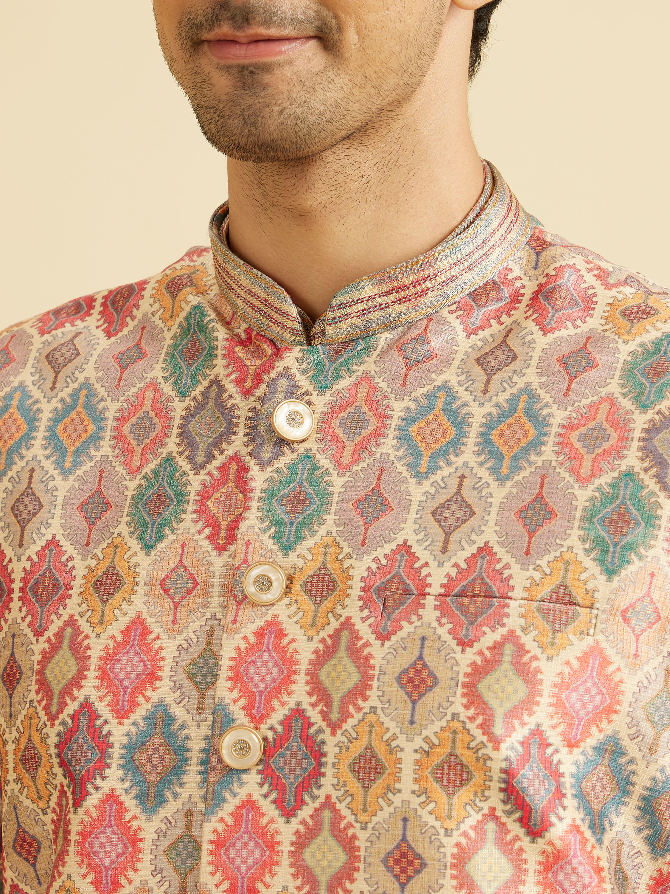 Manyavar Men Elegant Beige Kurta Jacket Set