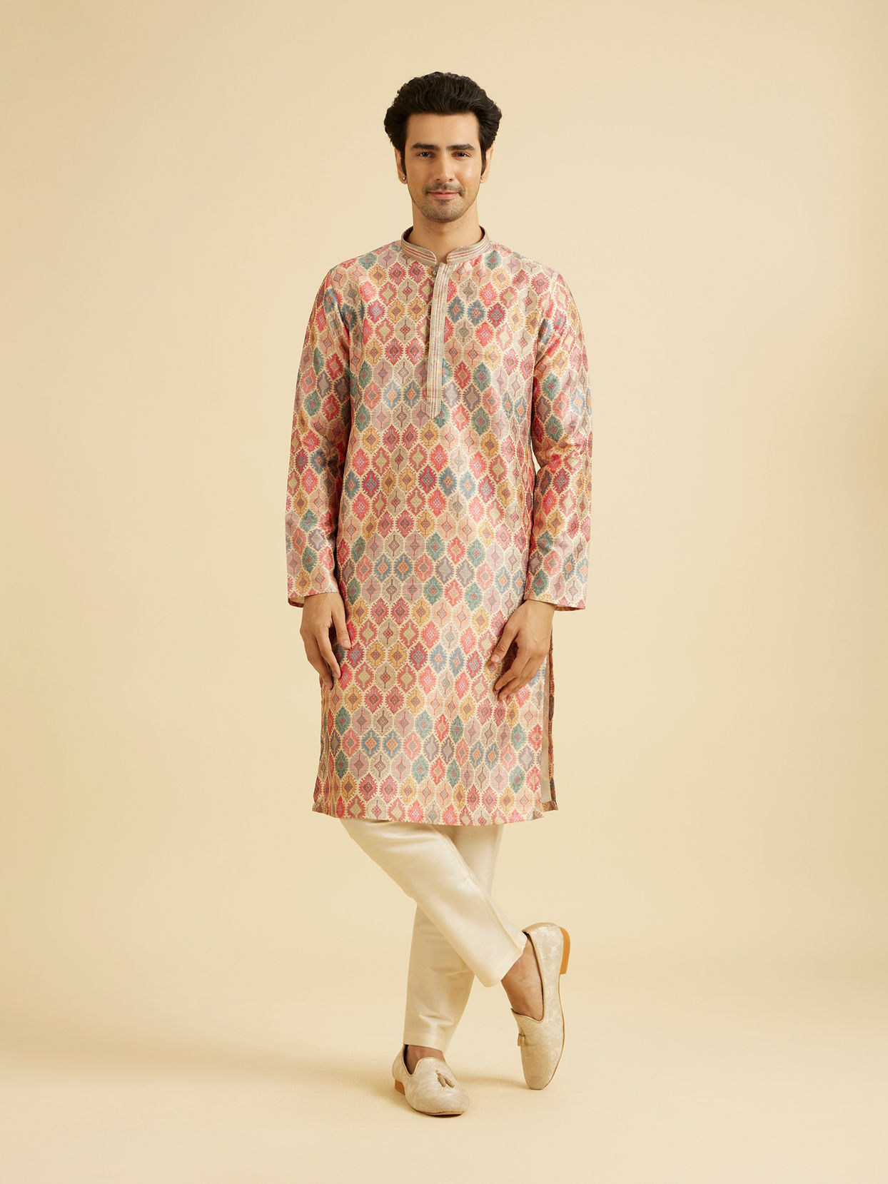 Manyavar Men Elegant Beige Kurta Jacket Set