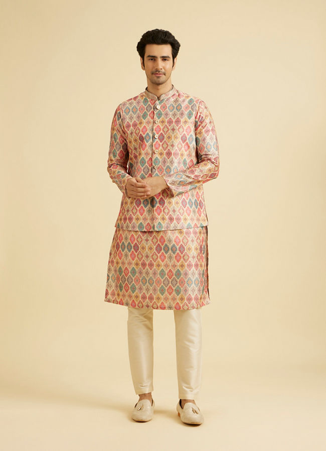 Manyavar Men Elegant Beige Kurta Jacket Set