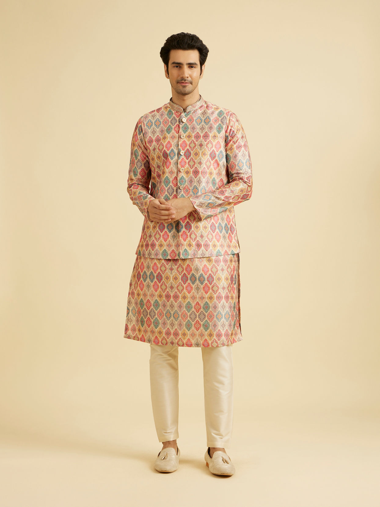Manyavar Men Elegant Beige Kurta Jacket Set