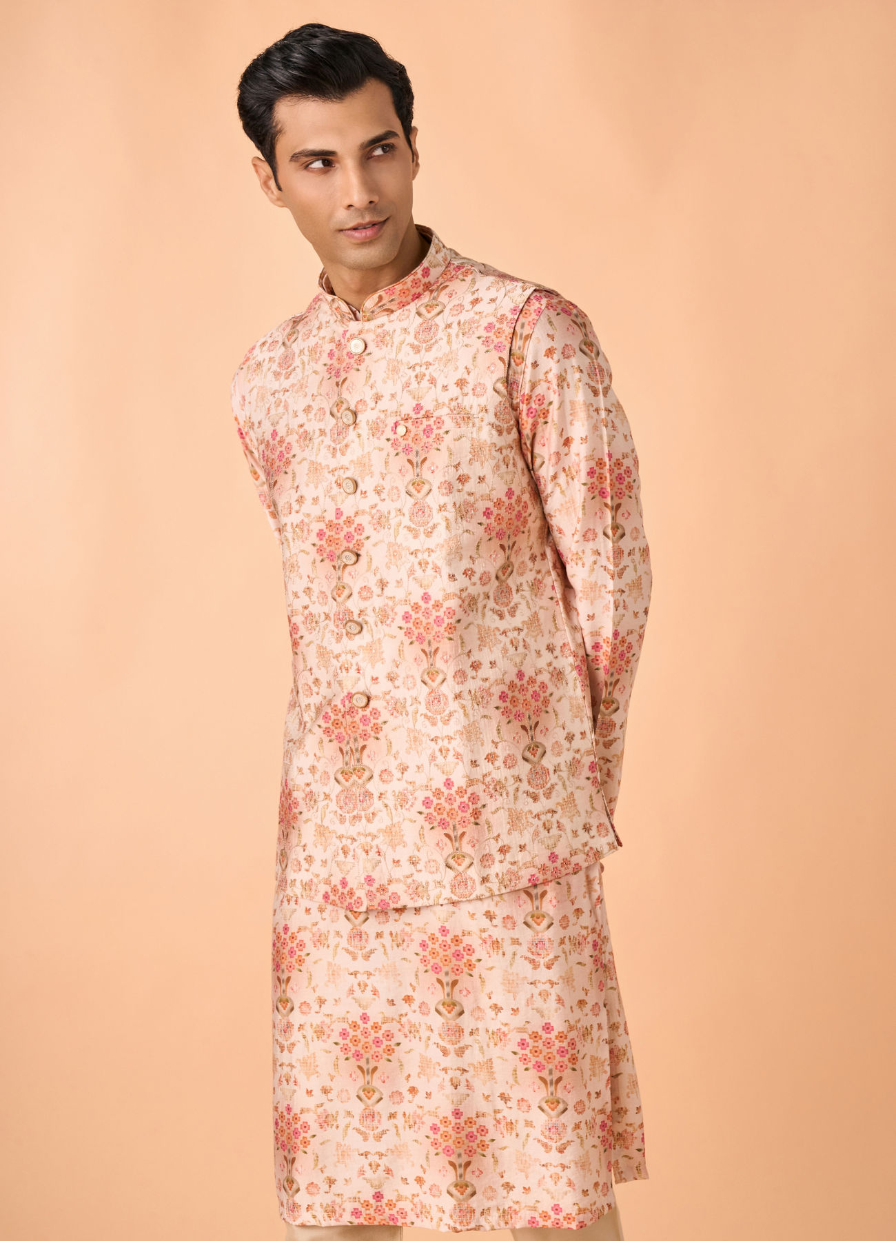Manyavar Men Peach Radiance Kurta Jacket Set