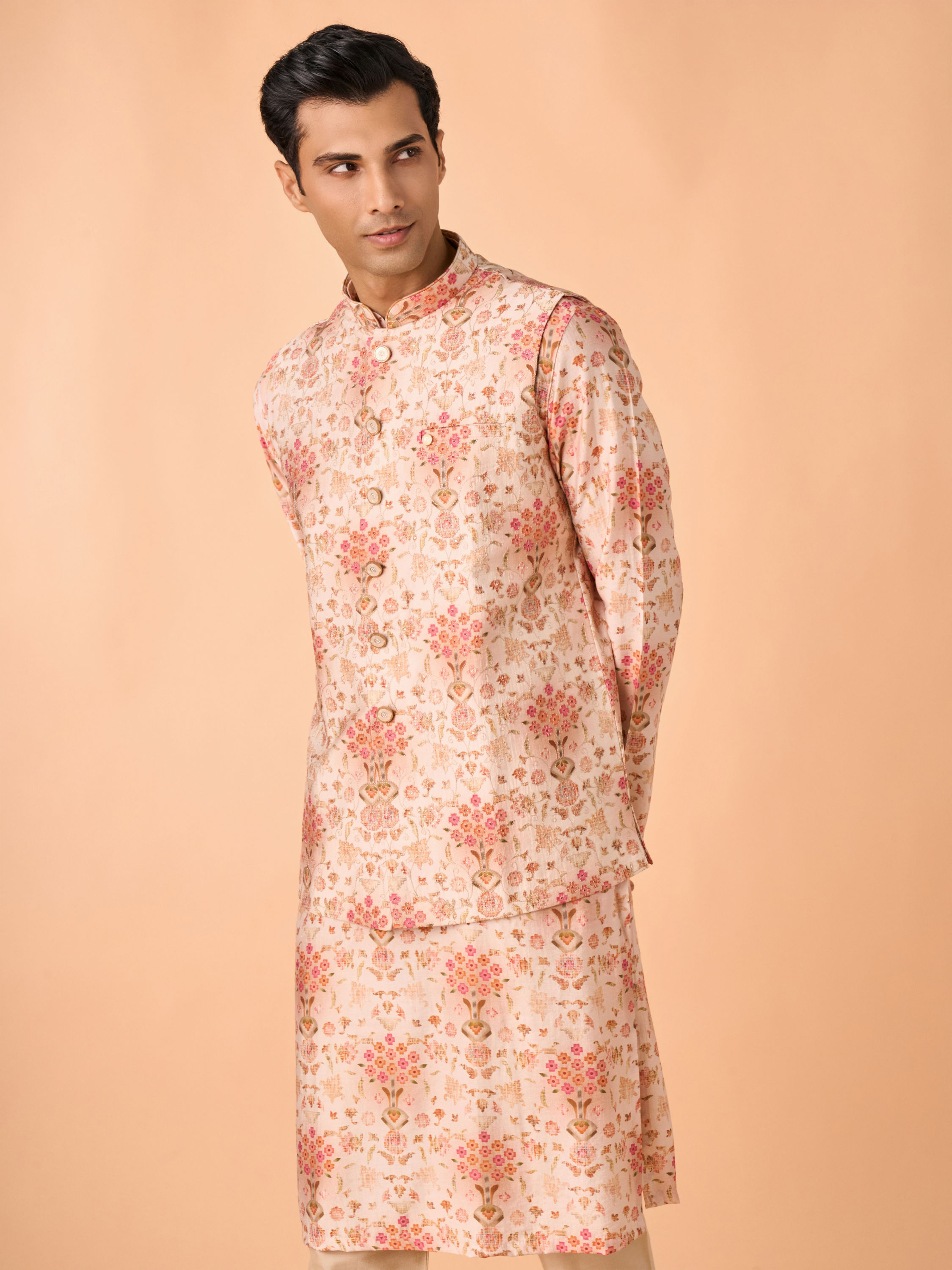 Manyavar Men Peach Radiance Kurta Jacket Set