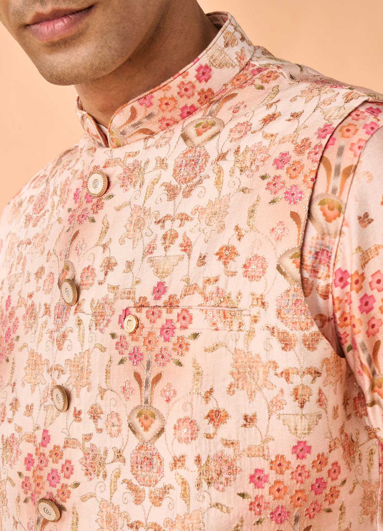 Manyavar Men Peach Radiance Kurta Jacket Set