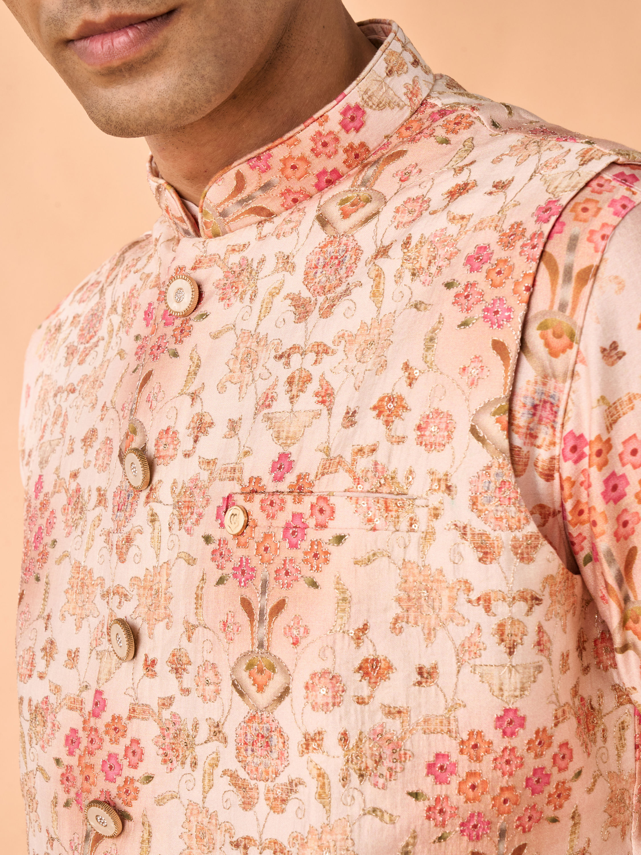 Manyavar Men Peach Radiance Kurta Jacket Set