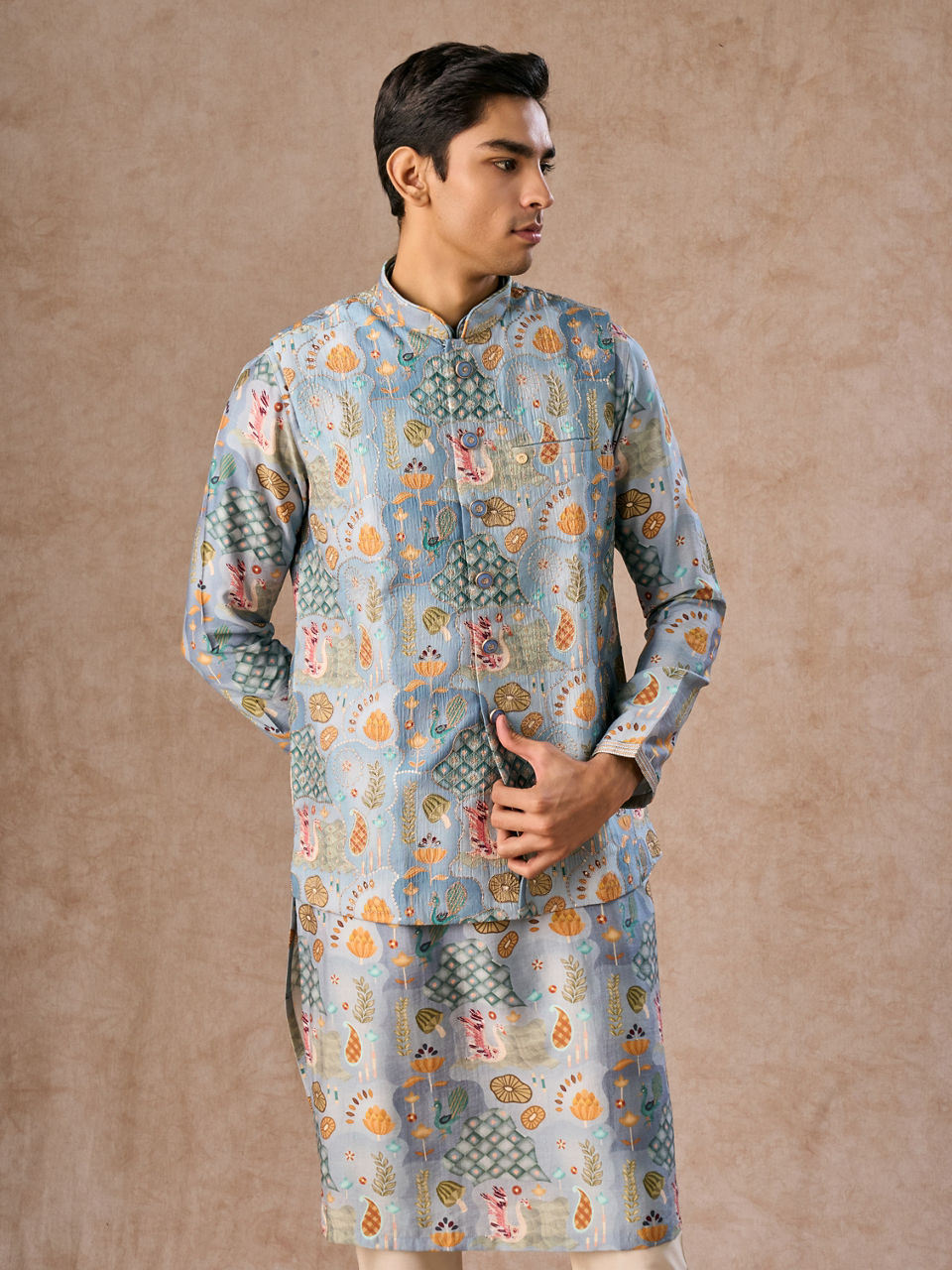 Manyavar Men Elegant Light Grey Kurta Jacket Set