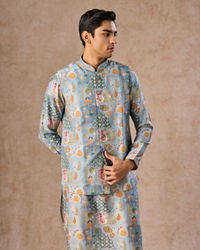 Manyavar Men Elegant Light Grey Kurta Jacket Set